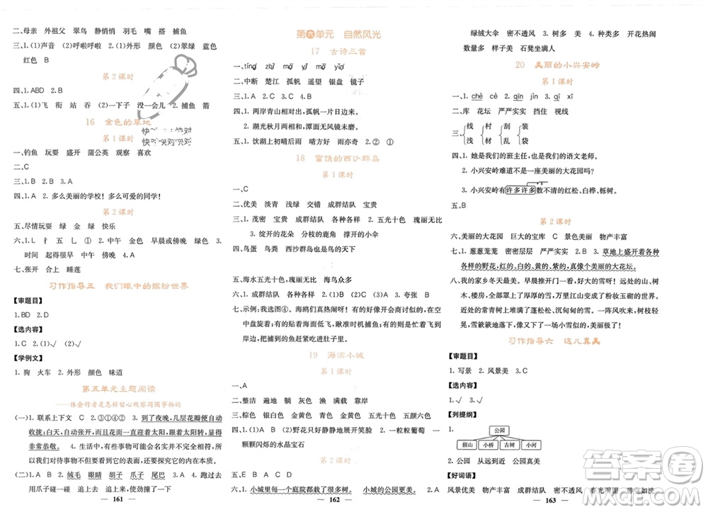 四川大學出版社2023年秋課堂點睛三年級語文上冊人教版湖南專版參考答案