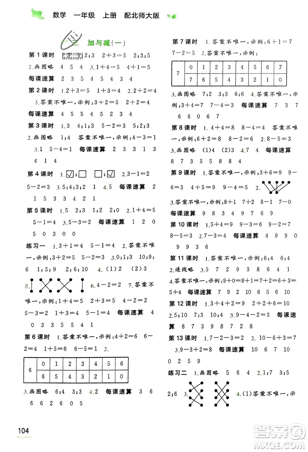 廣西教育出版社2023年秋新課程學(xué)習(xí)與測評同步學(xué)習(xí)一年級數(shù)學(xué)上冊北師大版參考答案