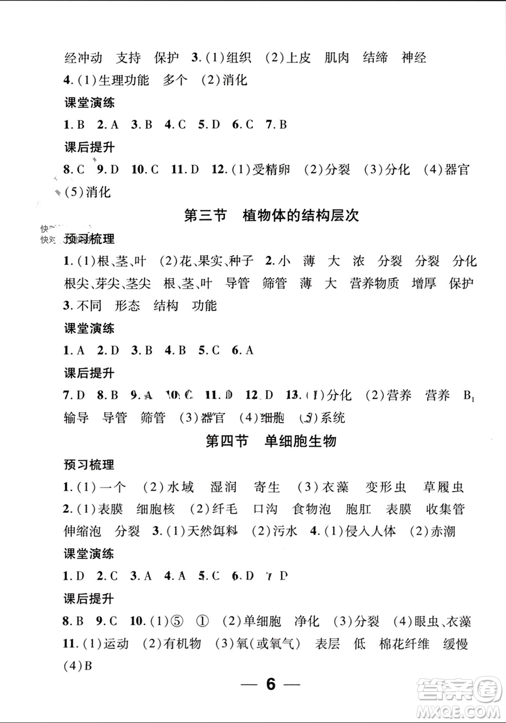 江西教育出版社2023年秋精英新課堂三點(diǎn)分層作業(yè)七年級(jí)生物上冊(cè)人教版參考答案