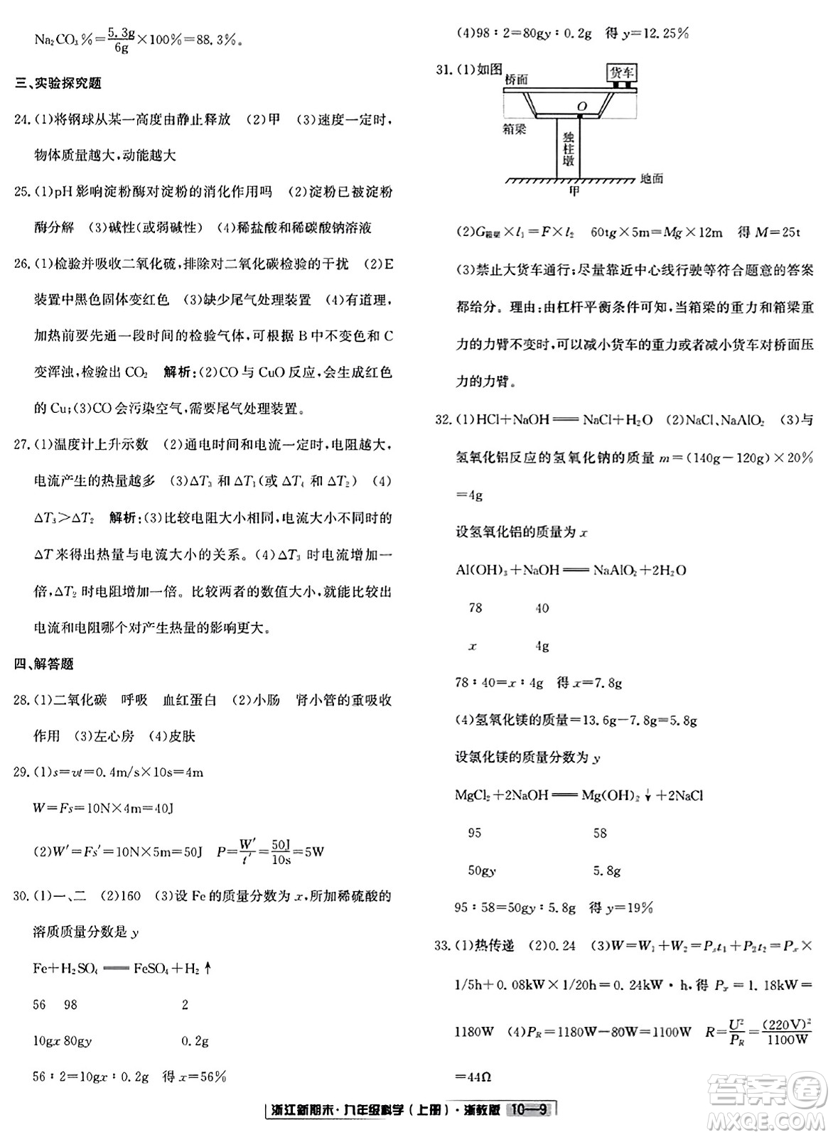 延邊人民出版社2023年秋浙江新期末九年級科學(xué)上冊浙教版浙江專版答案