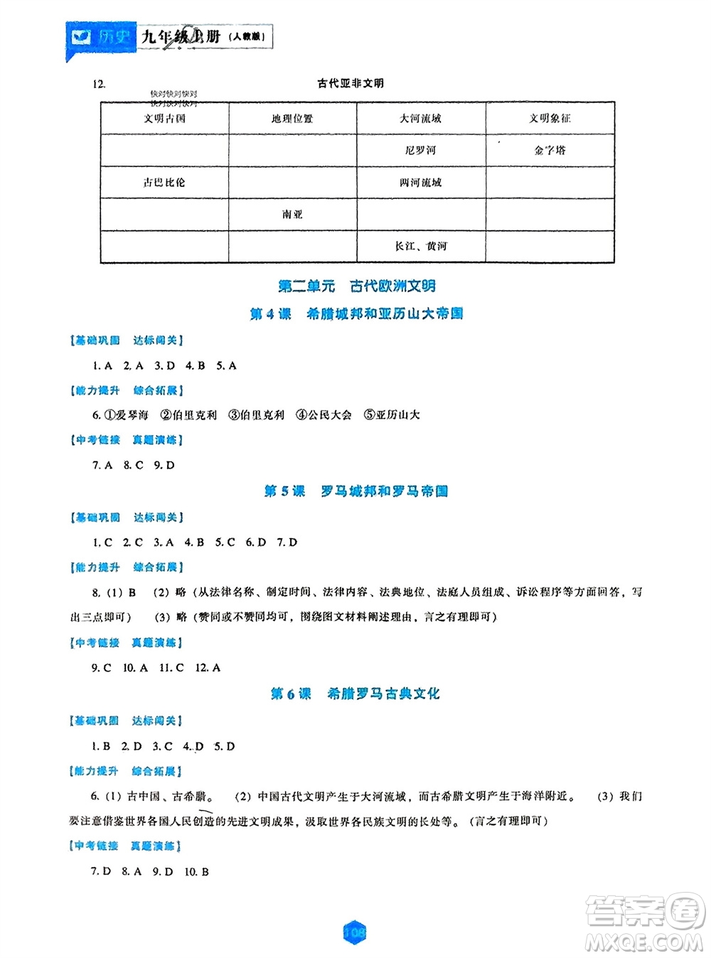 遼海出版社2023年秋新課程歷史能力培養(yǎng)九年級上冊人教版參考答案