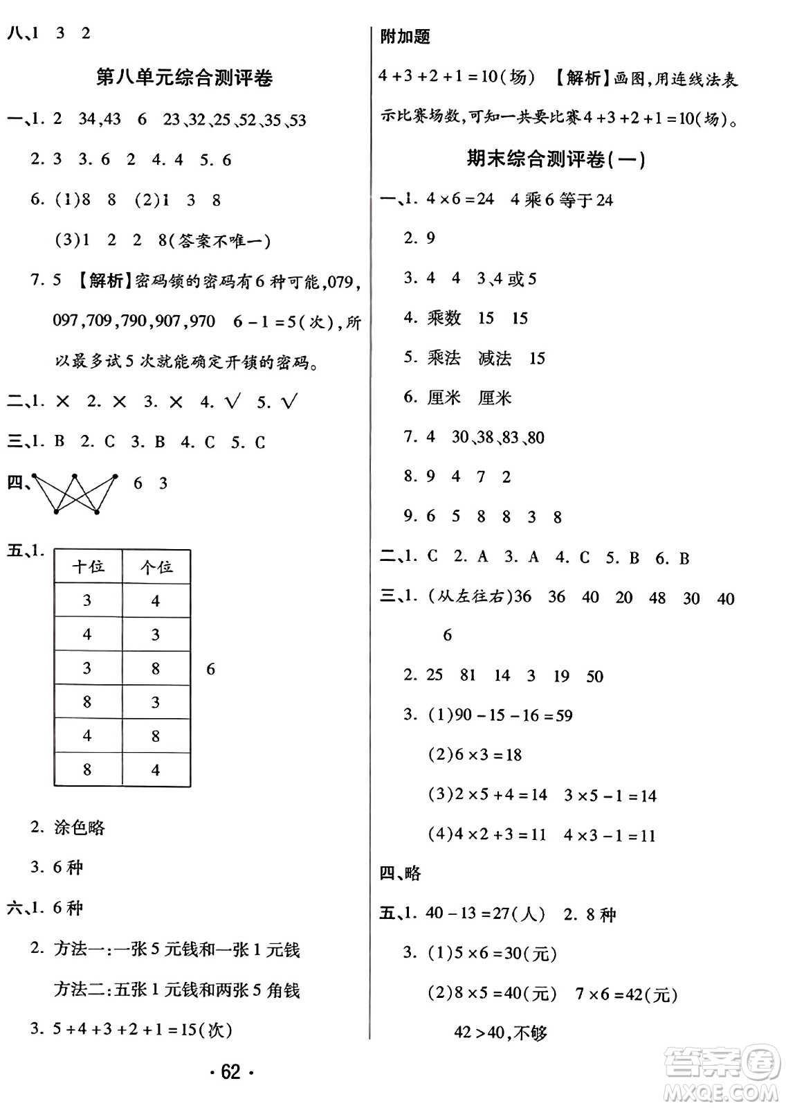 黑龍江美術出版社2023年秋黃岡金榜大考卷期末必刷二年級數學上冊人教版答案