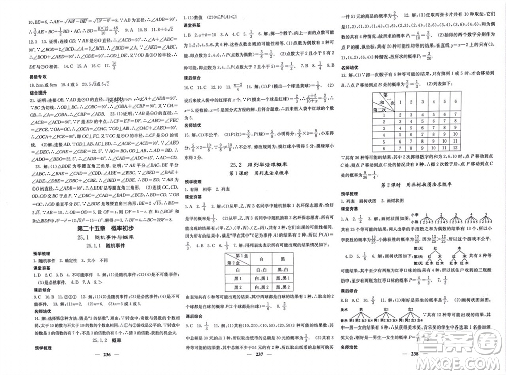 四川大學(xué)出版社2023年秋名校課堂內(nèi)外九年級(jí)數(shù)學(xué)上冊(cè)人教版參考答案