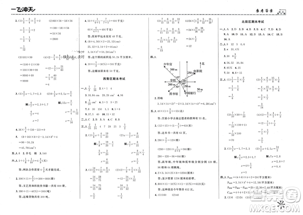 天津人民出版社2023年秋一飛沖天小復(fù)習(xí)六年級數(shù)學(xué)上冊通用版參考答案