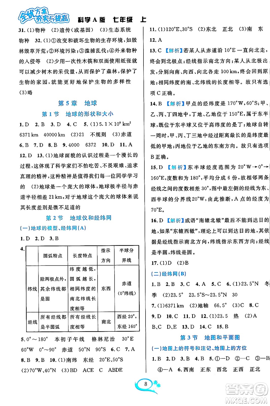 華東師范大學(xué)出版社2023年秋全優(yōu)方案夯實與提高七年級科學(xué)上冊華東師大版A版答案