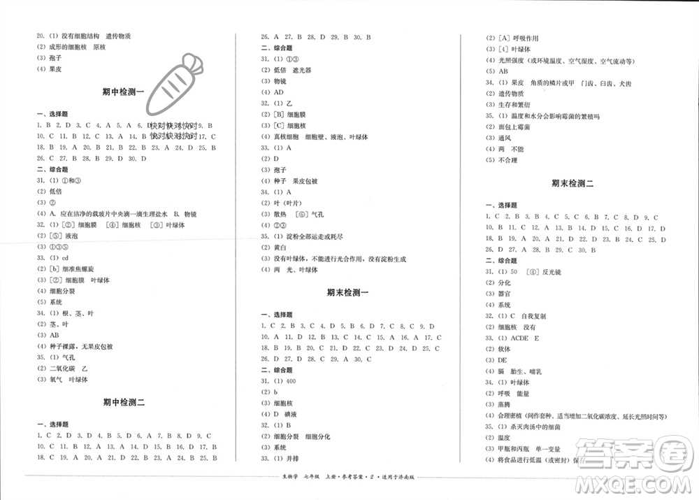 四川教育出版社2023年秋學情點評七年級生物上冊濟南版參考答案