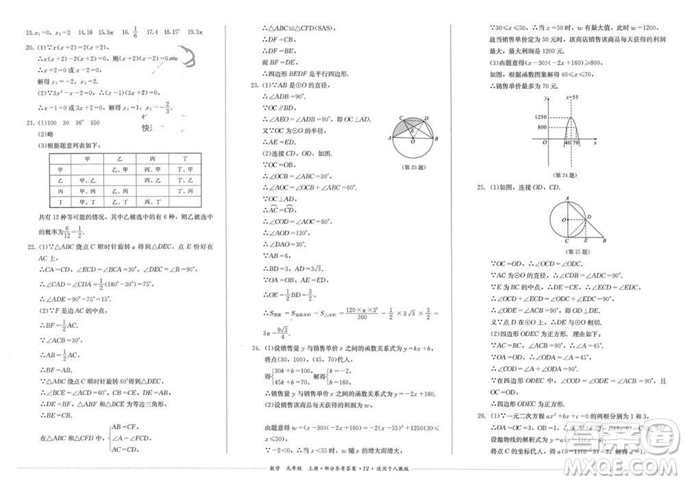 四川教育出版社2023年秋學(xué)情點評九年級數(shù)學(xué)上冊人教版參考答案