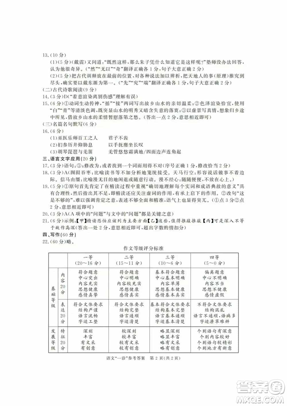 成都市2021級高中畢業(yè)班上學期第一次診斷性檢測語文參考答案