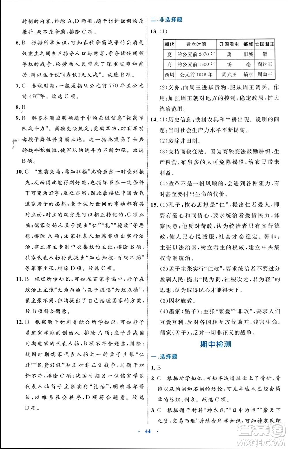 內蒙古教育出版社2023年秋初中同步學習目標與檢測七年級歷史上冊人教版參考答案