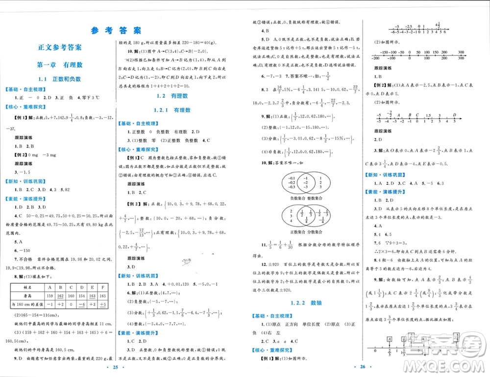 內(nèi)蒙古教育出版社2023年秋初中同步學(xué)習(xí)目標(biāo)與檢測七年級數(shù)學(xué)上冊人教版參考答案