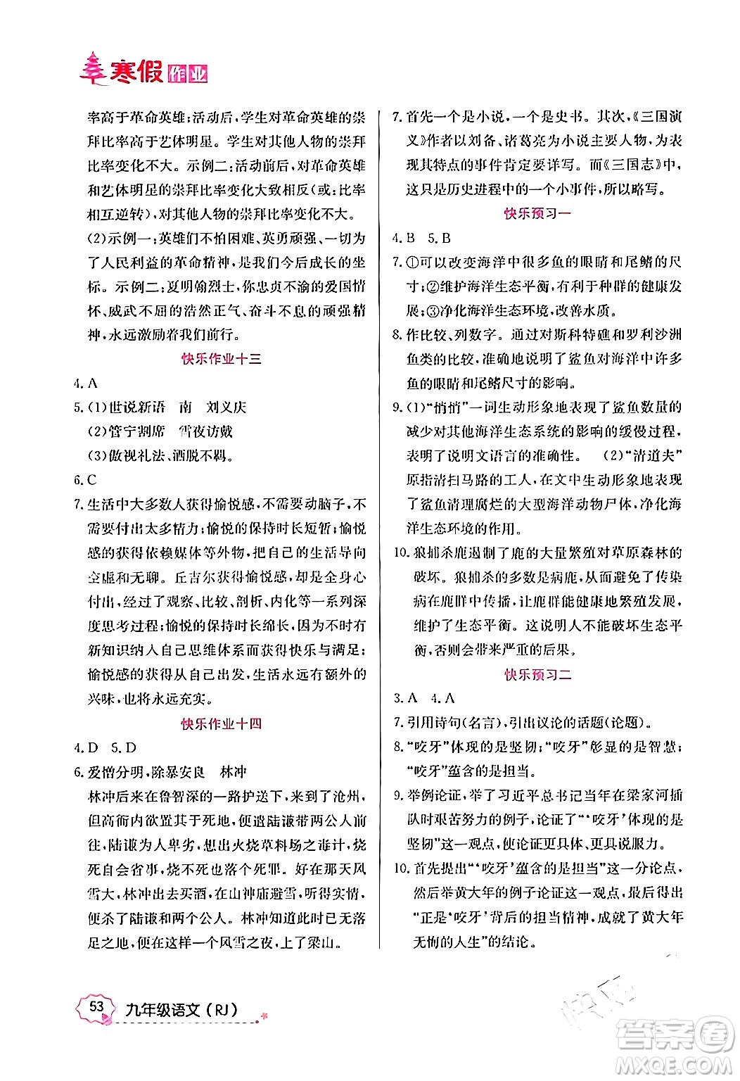 延邊教育出版社2024年寒假作業(yè)九年級(jí)語文人教版答案