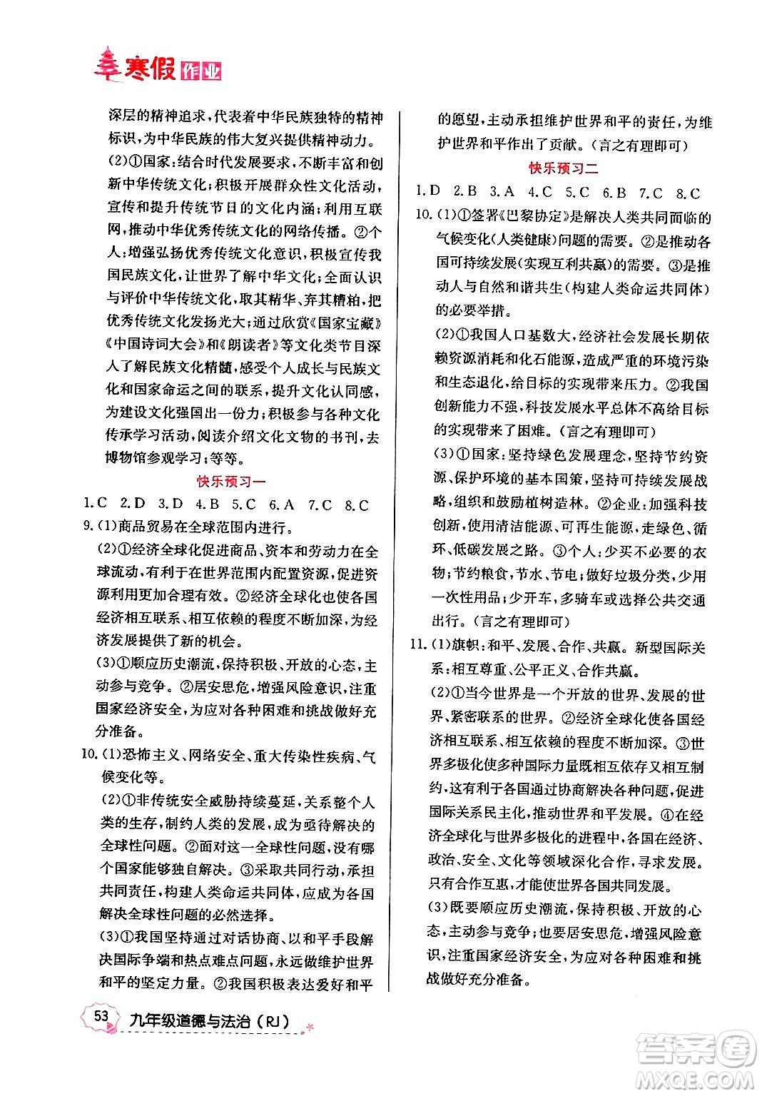 延邊教育出版社2024年寒假作業(yè)九年級道德與法治人教版答案