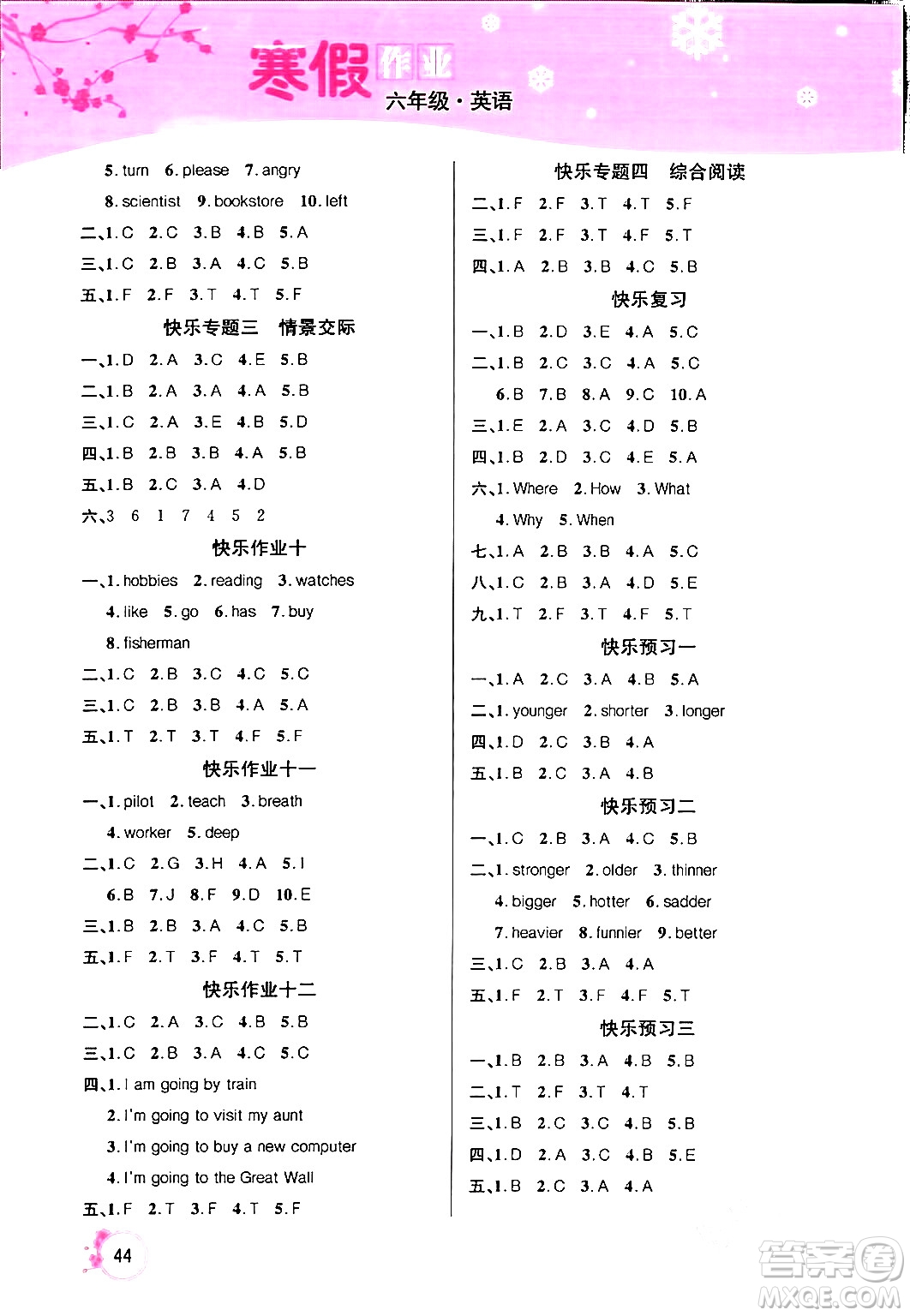 延邊教育出版社2024年快樂(lè)假期寒假作業(yè)六年級(jí)英語(yǔ)人教PEP版答案