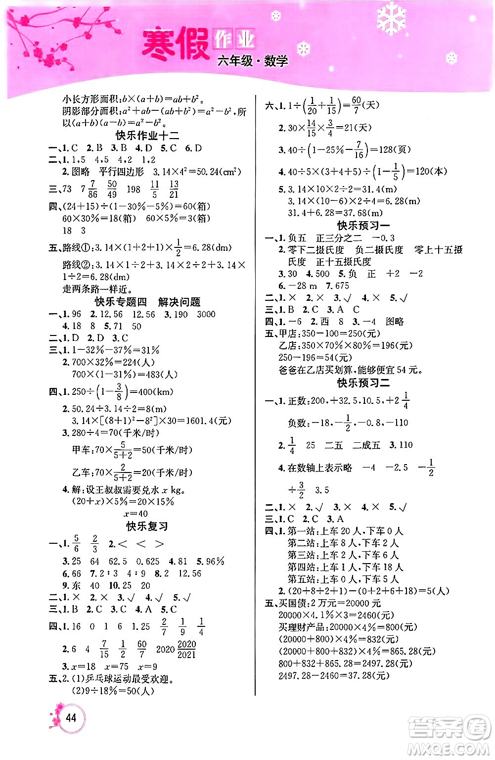 延邊教育出版社2024年快樂(lè)假期寒假作業(yè)六年級(jí)數(shù)學(xué)人教版答案