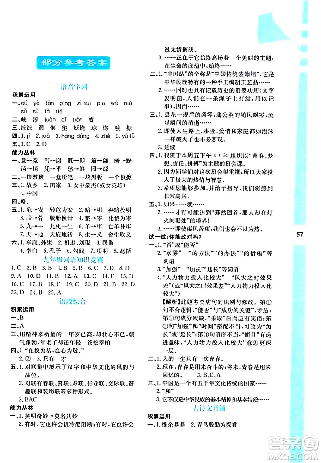 陜西人民教育出版社2024寒假作業(yè)與生活九年級語文通用版參考答案