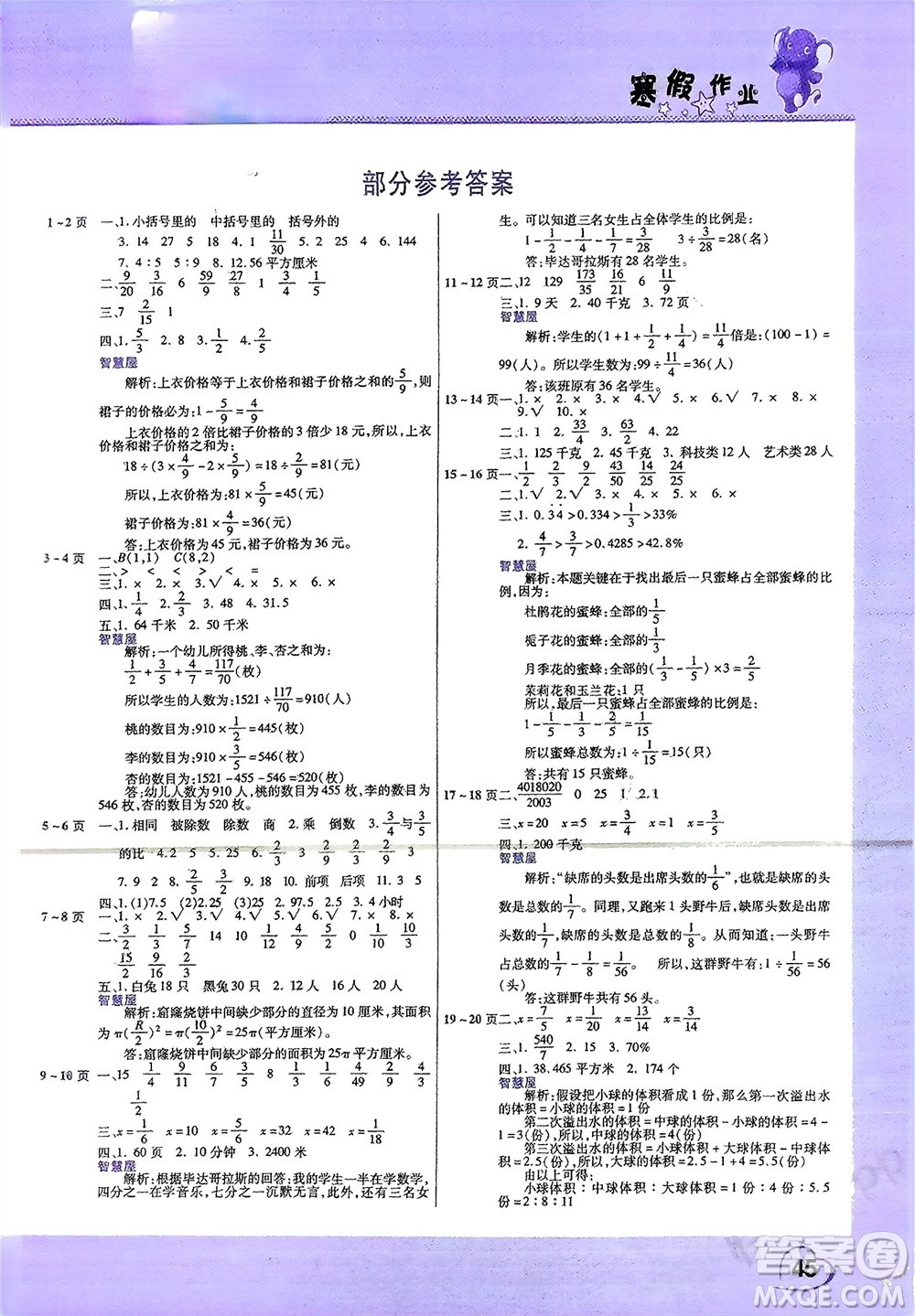 中原農(nóng)民出版社2024假期園地小學(xué)數(shù)學(xué)寒假作業(yè)六年級人教版參考答案