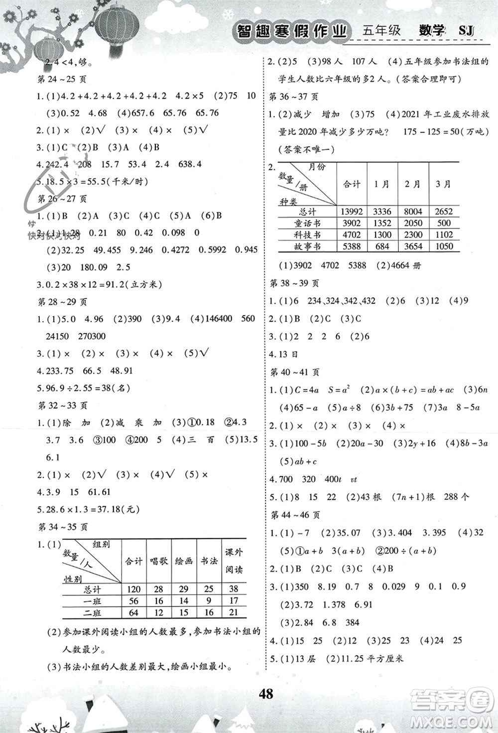 云南科技出版社2024智趣寒假作業(yè)五年級(jí)數(shù)學(xué)蘇教版參考答案