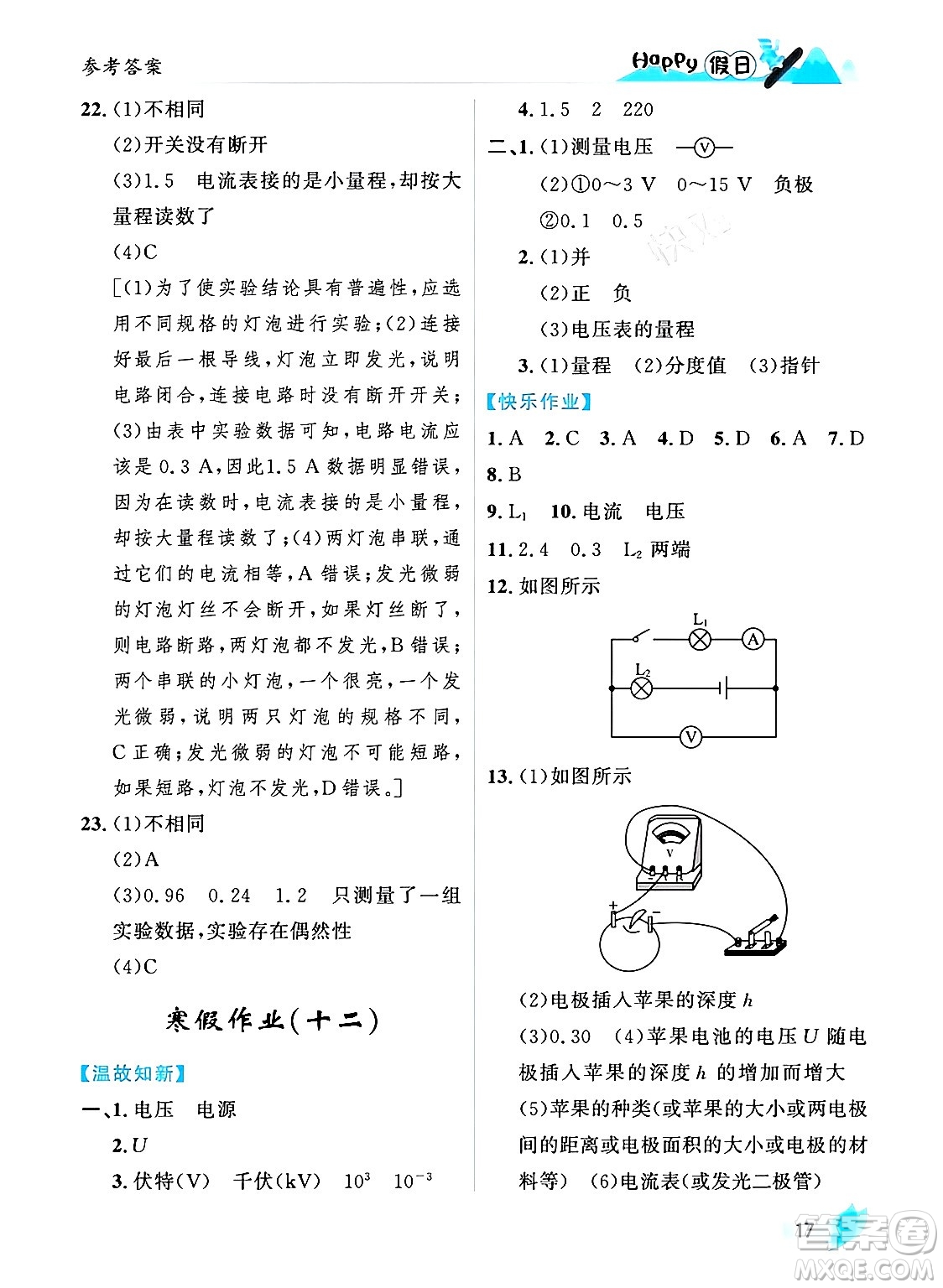 黑龍江少年兒童出版社2024Happy假日寒假九年級(jí)物理人教版答案