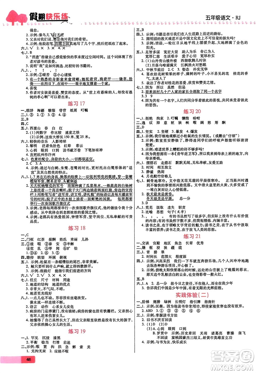 西安出版社2024假期快樂練語文寒假作業(yè)五年級人教版參考答案