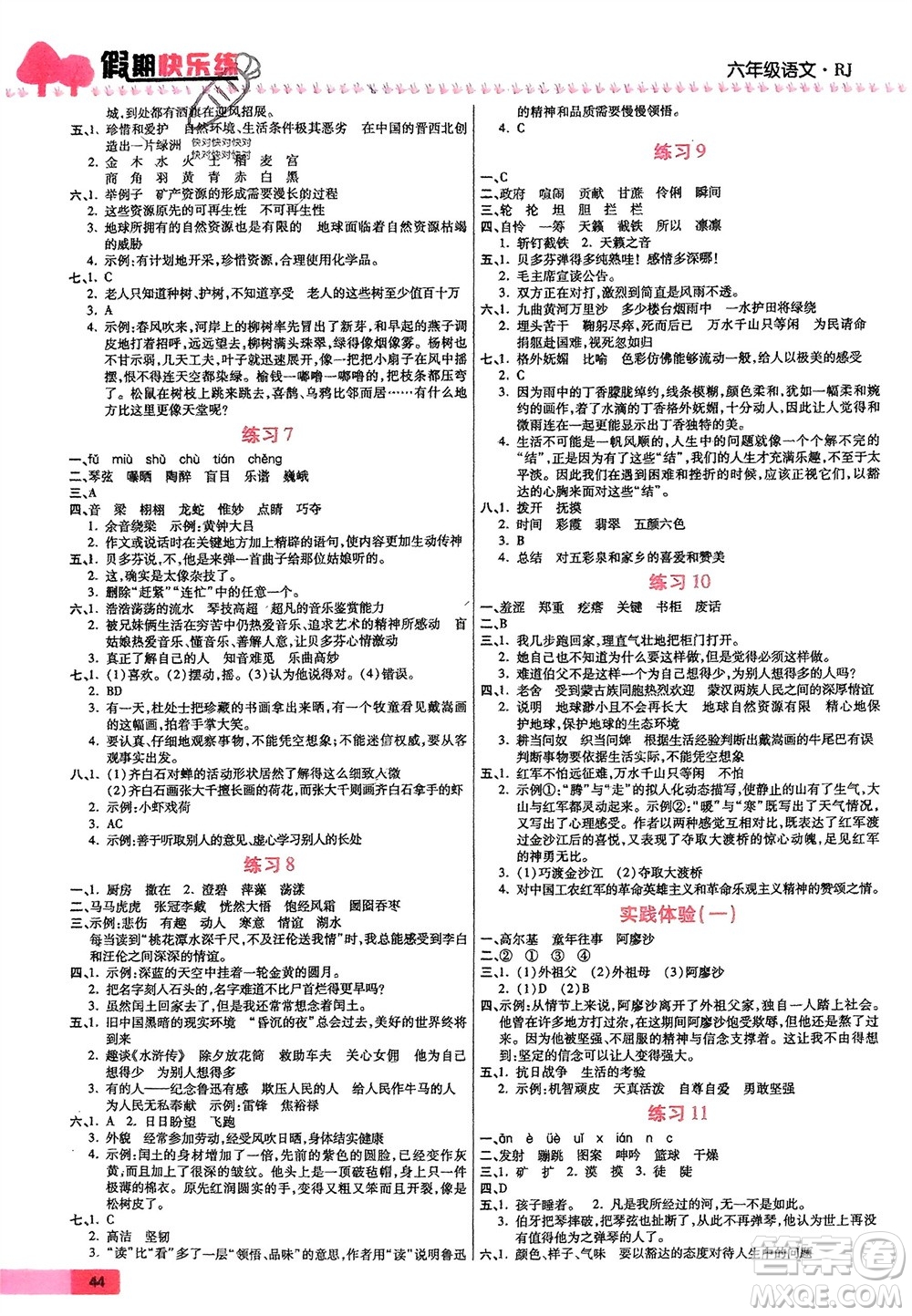 天津科學技術出版社2024假期快樂練語文寒假作業(yè)六年級人教版參考答案