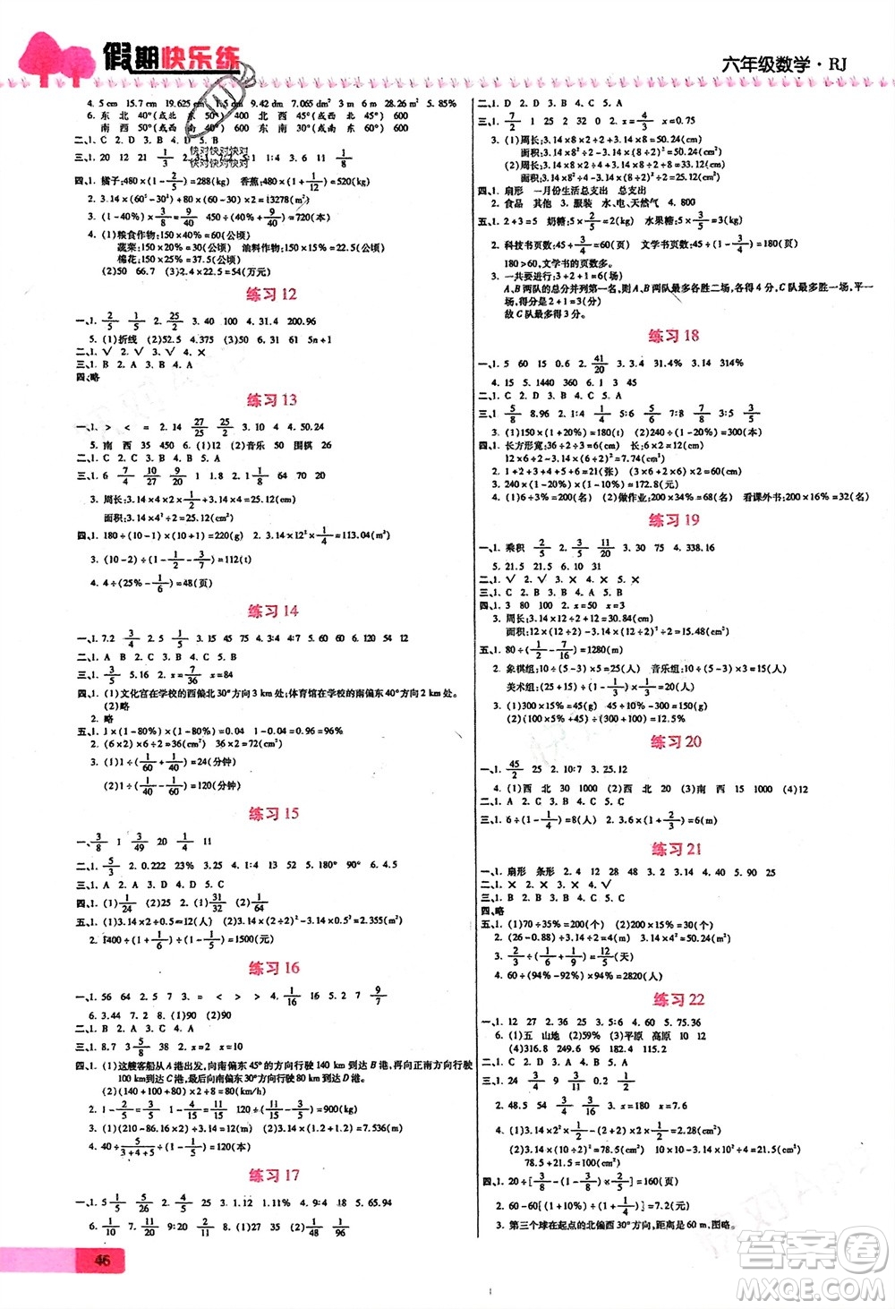 天津科學(xué)技術(shù)出版社2024假期快樂練數(shù)學(xué)寒假作業(yè)六年級(jí)人教版參考答案