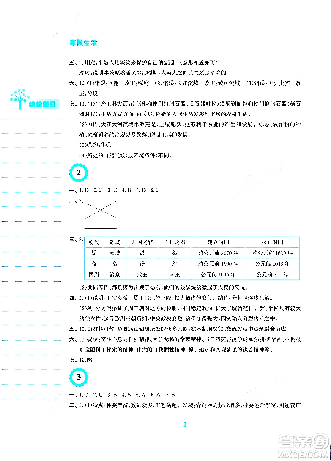 安徽教育出版社2024寒假生活七年級歷史人教版答案