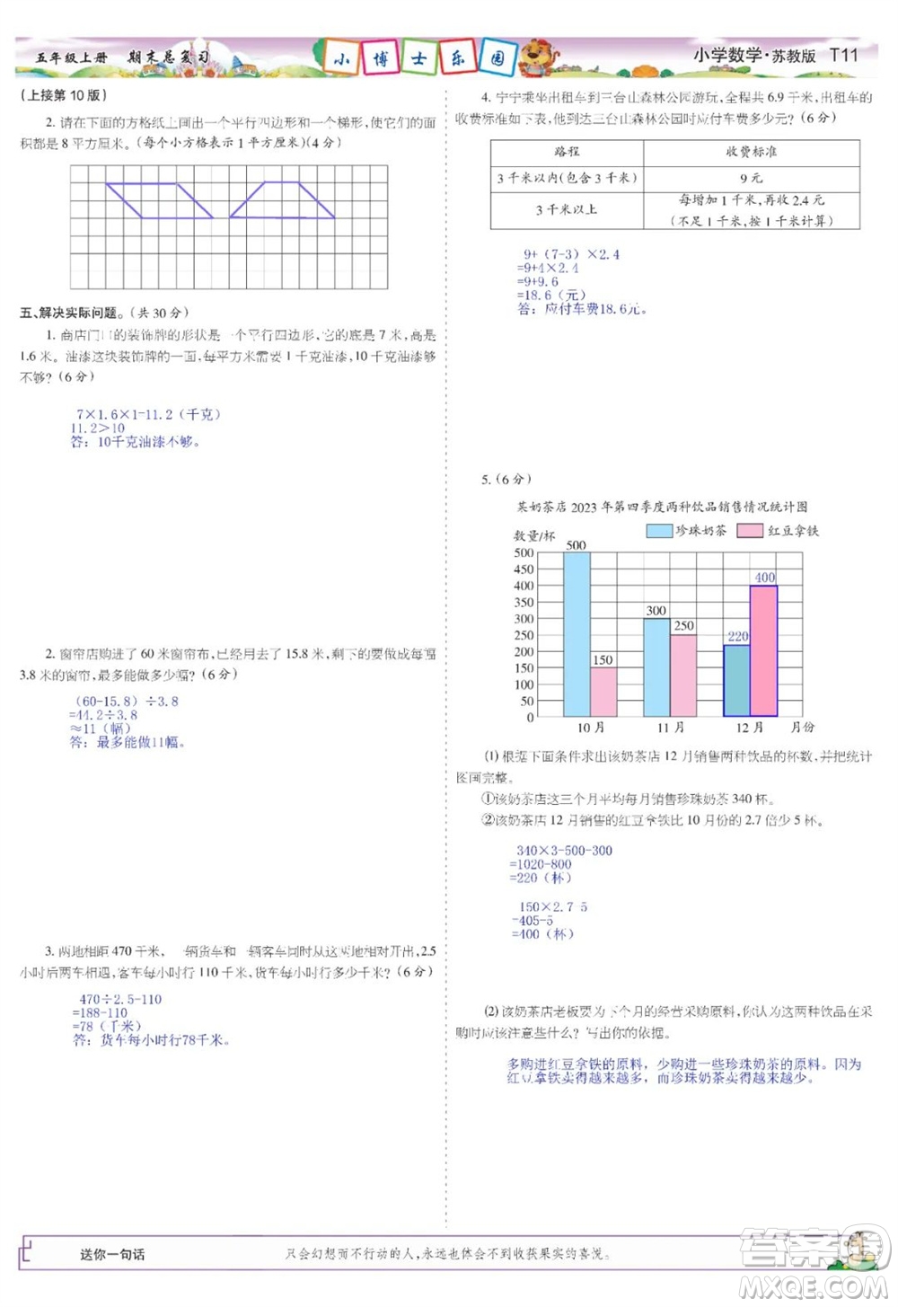 2023年秋少年智力開發(fā)報五年級數學上冊蘇教版期末總復習合刊參考答案