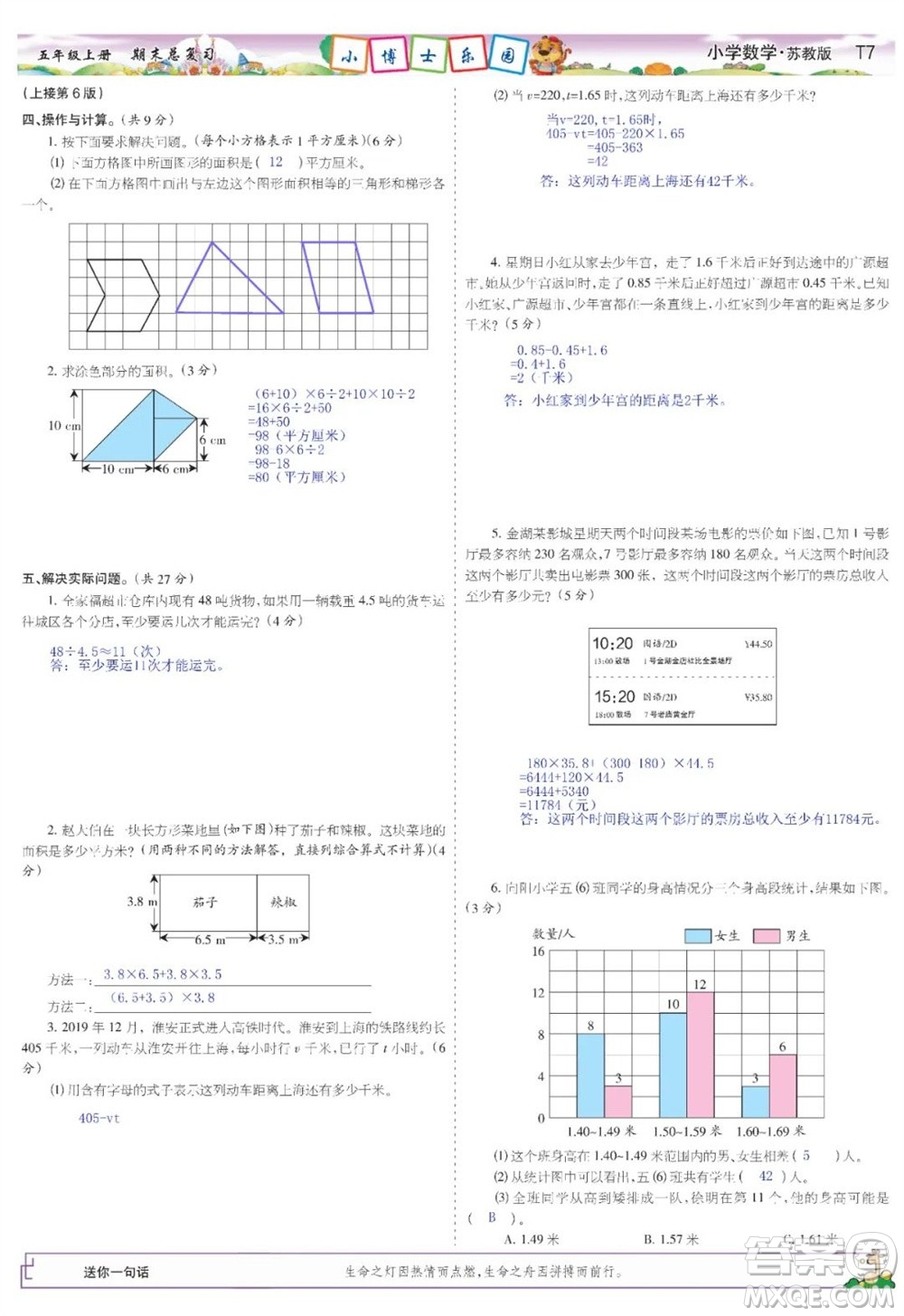 2023年秋少年智力開發(fā)報五年級數學上冊蘇教版期末總復習合刊參考答案