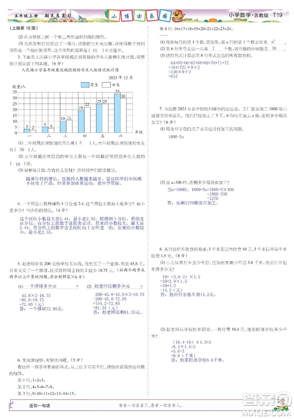 2023年秋少年智力開發(fā)報五年級數學上冊蘇教版期末總復習合刊參考答案