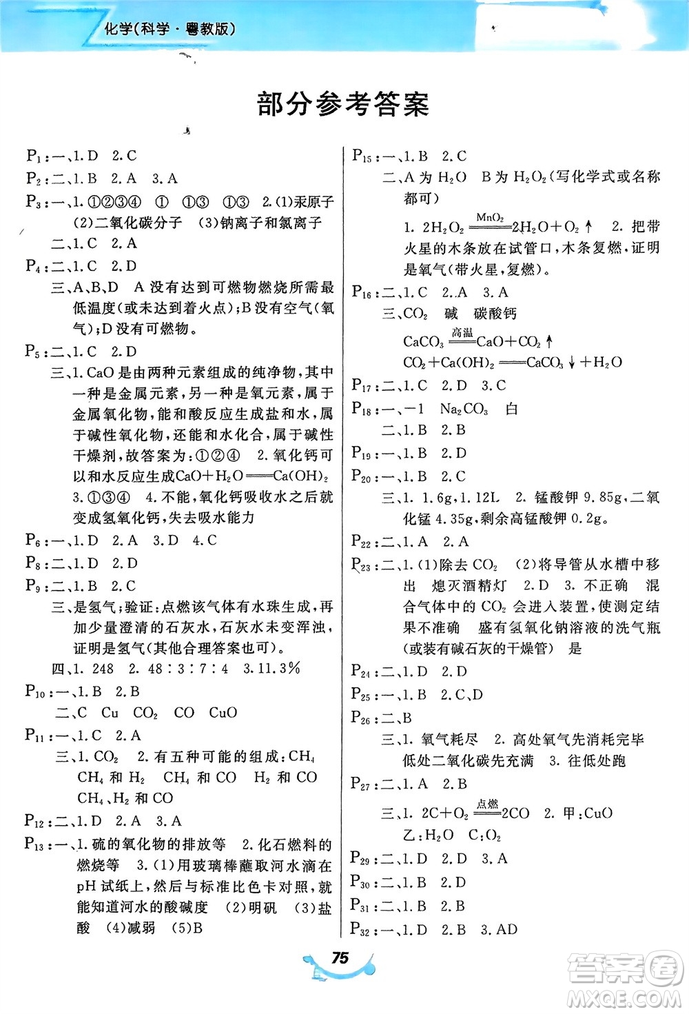 甘肅教育出版社2024義務教育教科書寒假作業(yè)九年級化學科粵版參考答案