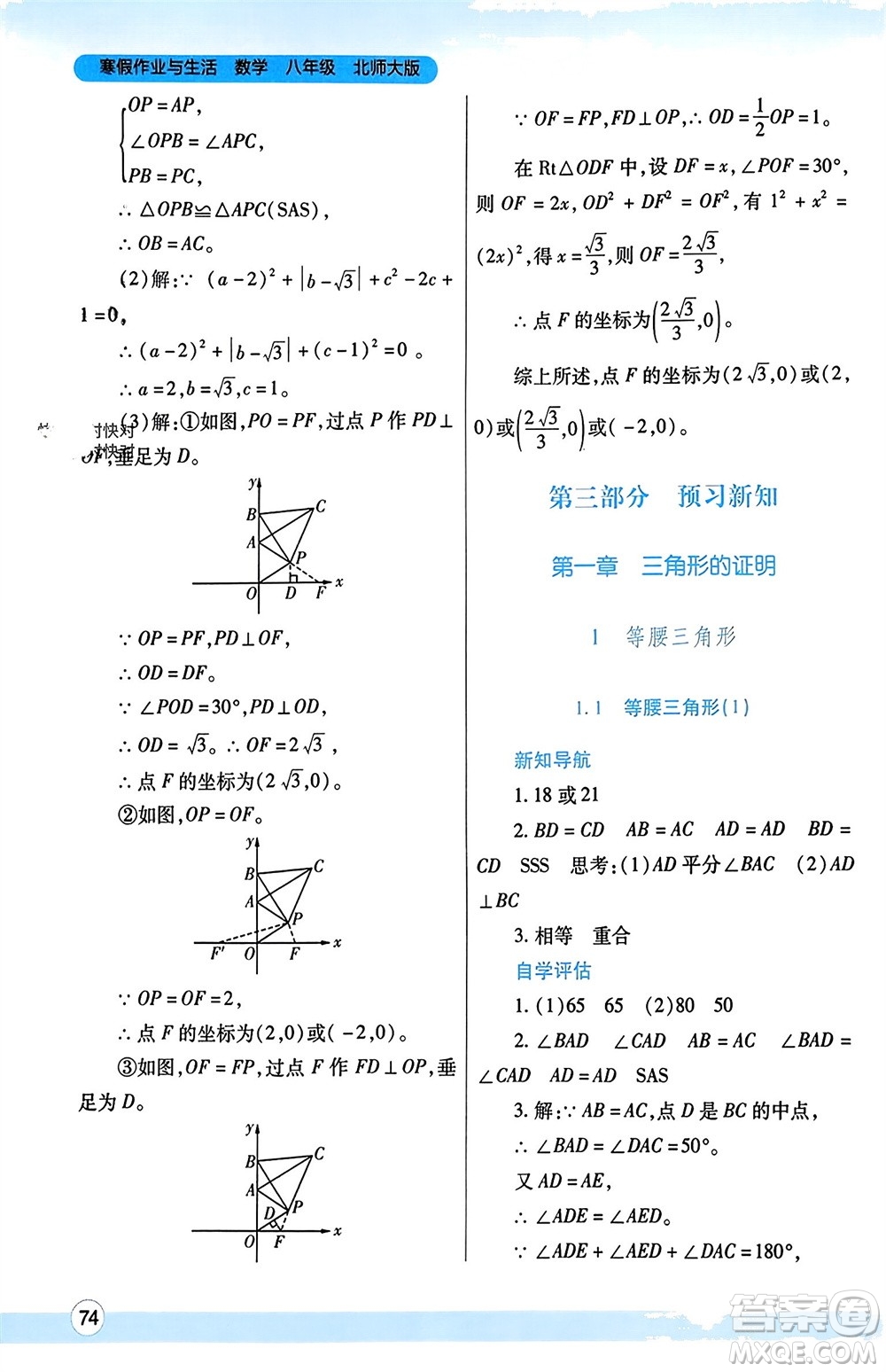 陜西師范大學(xué)出版總社有限公司2024寒假作業(yè)與生活八年級(jí)數(shù)學(xué)北師大版參考答案