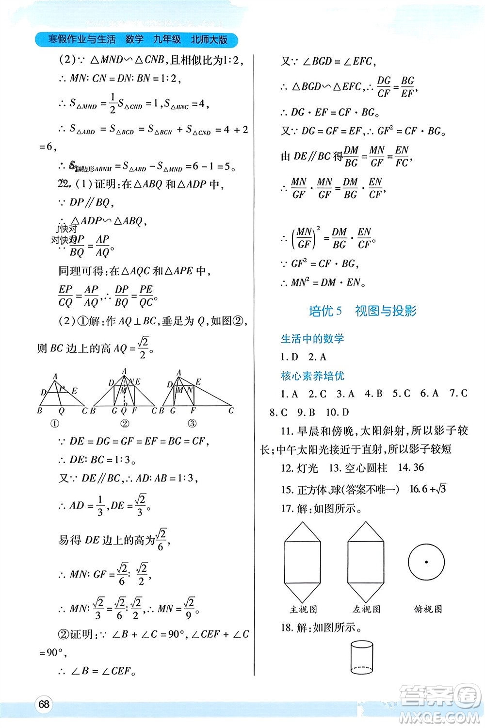 陜西師范大學(xué)出版總社有限公司2024寒假作業(yè)與生活九年級(jí)數(shù)學(xué)北師大版參考答案