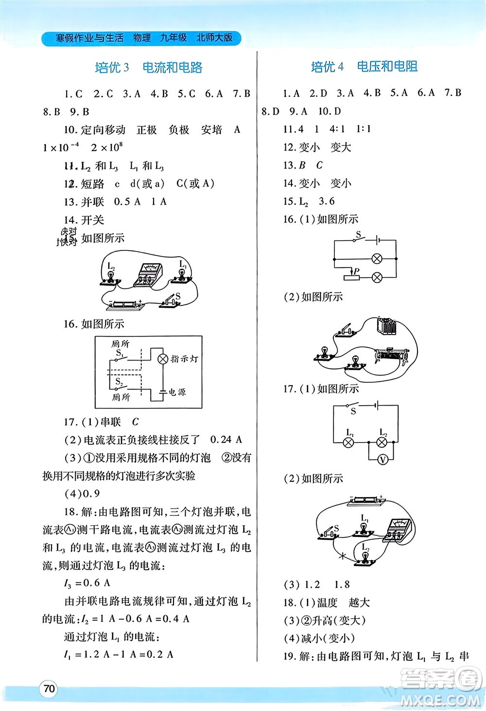 陜西師范大學(xué)出版總社有限公司2024寒假作業(yè)與生活九年級(jí)物理北師大版參考答案