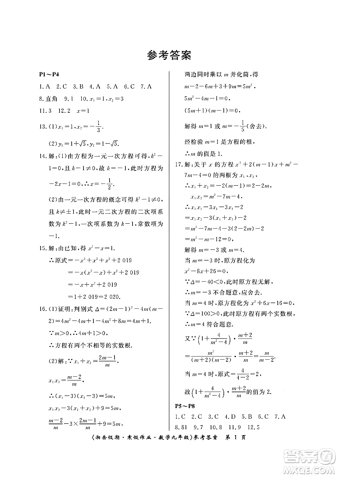 湖南大學出版社2024北京央教湘岳假期寒假作業(yè)九年級數(shù)學人教版答案