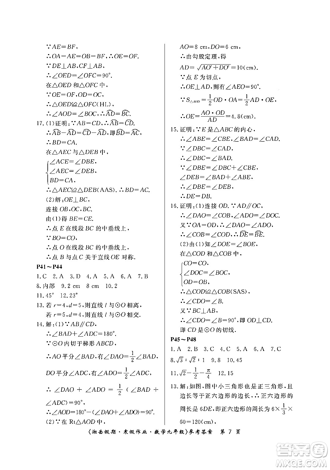 湖南大學出版社2024北京央教湘岳假期寒假作業(yè)九年級數(shù)學人教版答案