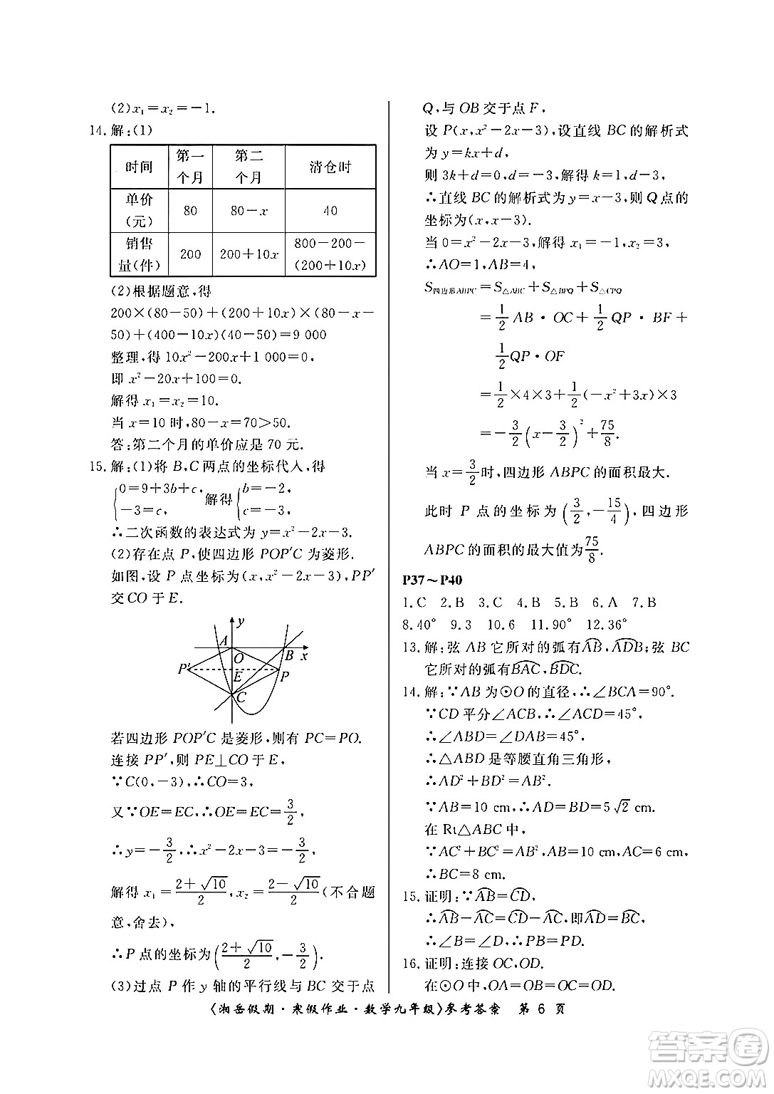 湖南大學出版社2024北京央教湘岳假期寒假作業(yè)九年級數(shù)學人教版答案