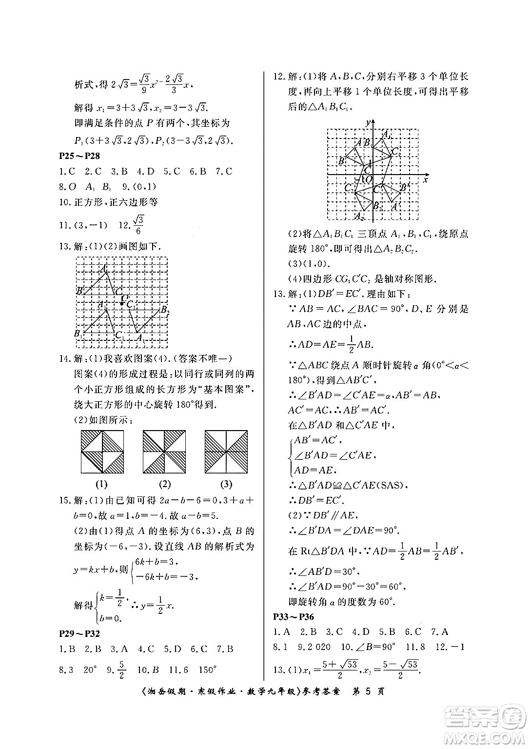 湖南大學出版社2024北京央教湘岳假期寒假作業(yè)九年級數(shù)學人教版答案