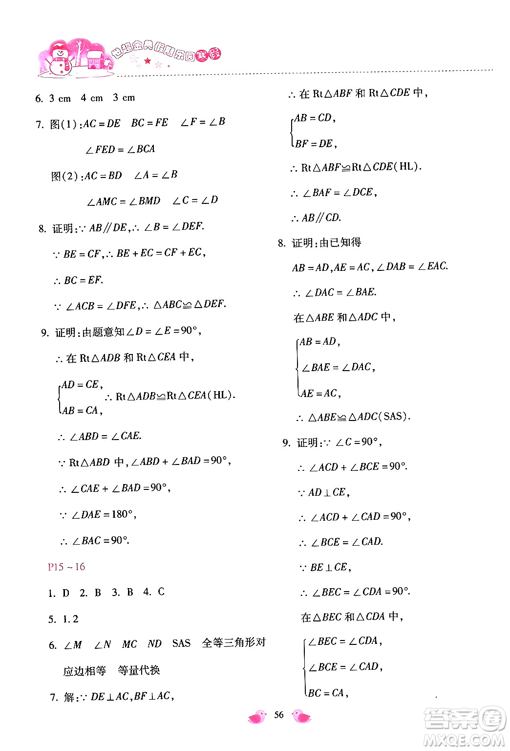 河北少年兒童出版社2024世超金典假期樂園寒假八年級數(shù)學(xué)通用版答案