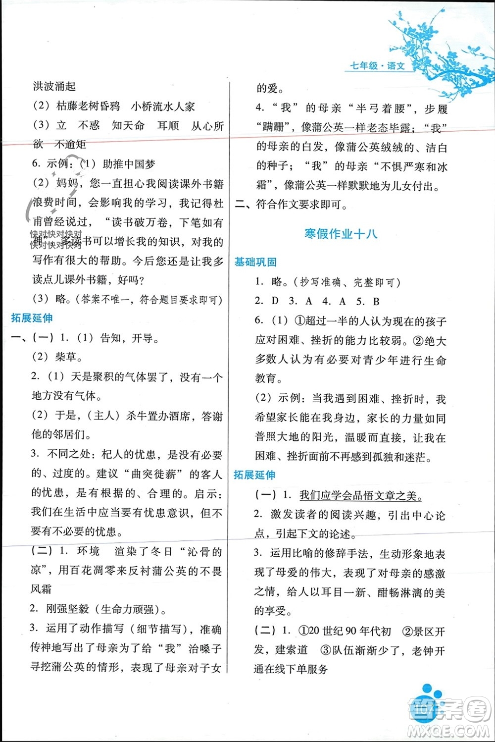 河北人民出版社2024寒假作業(yè)七年級語文通用版參考答案