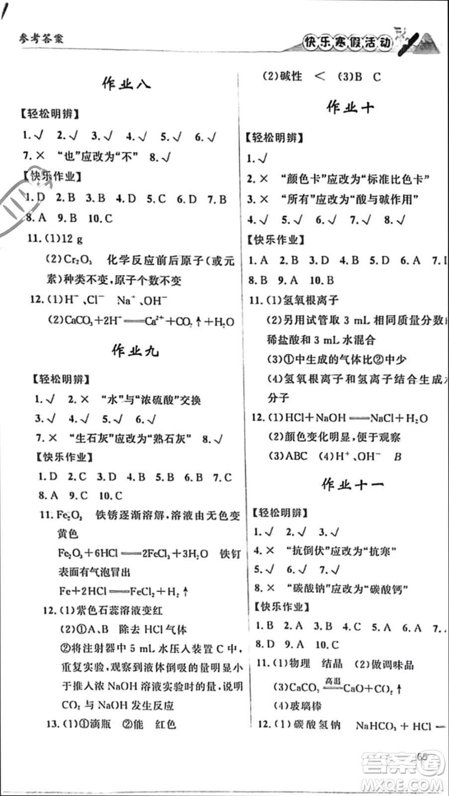 內(nèi)蒙古人民出版社2024快樂寒假活動九年級化學(xué)通用版參考答案