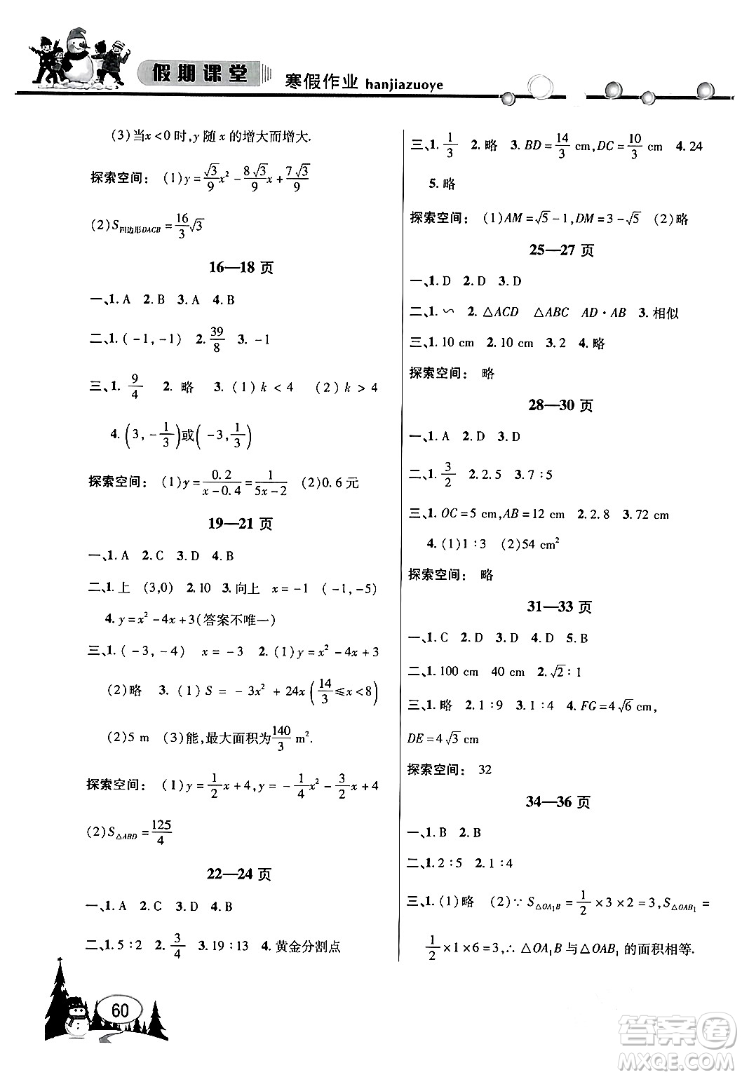 安徽人民出版社2024寒假作業(yè)假期課堂九年級數(shù)學(xué)滬科版答案