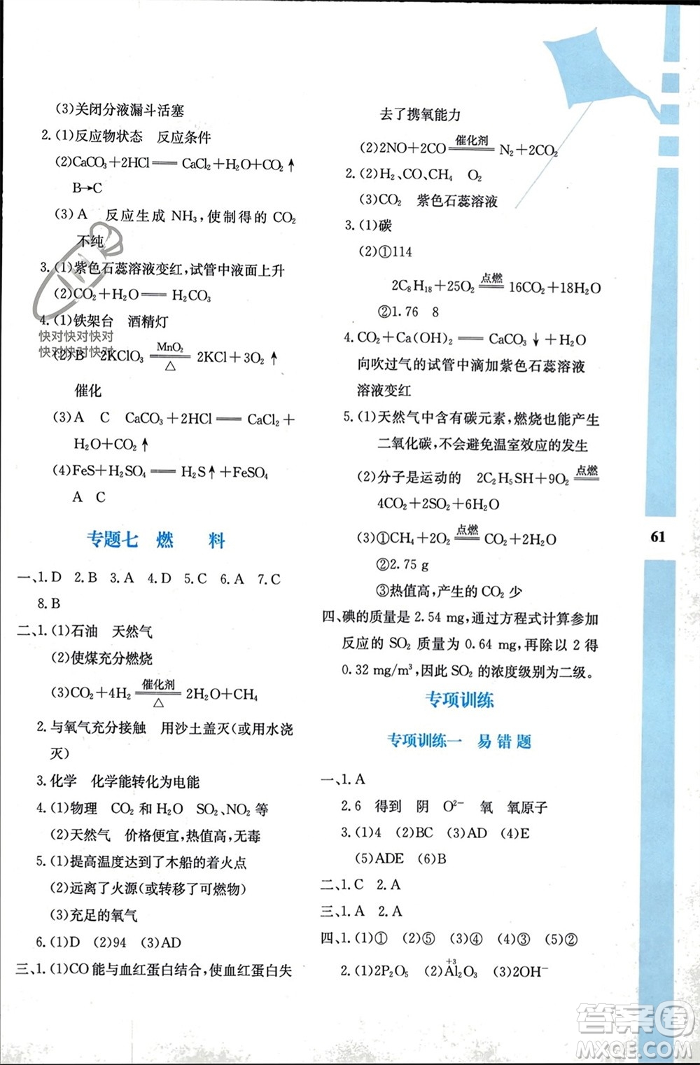 陜西人民教育出版社2024陜教出品寒假作業(yè)九年級化學(xué)人教版A版參考答案