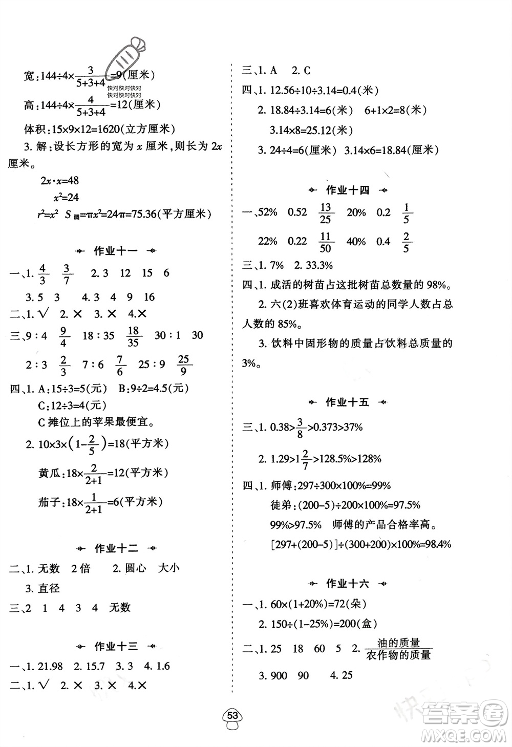 陜西人民教育出版社2024陜教出品寒假作業(yè)六年級數(shù)學人教版參考答案