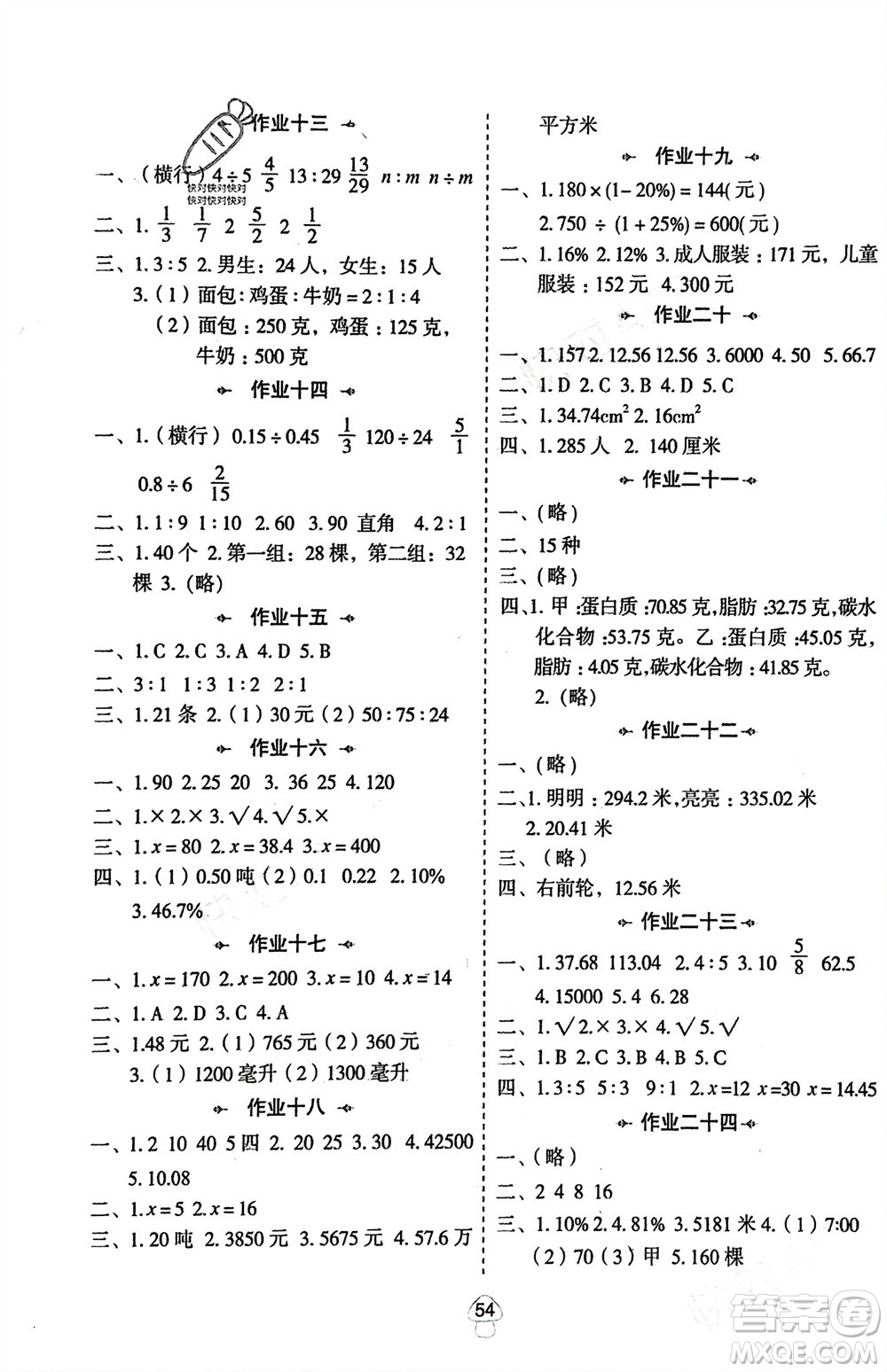 陜西人民教育出版社2024陜教出品寒假作業(yè)六年級(jí)數(shù)學(xué)北師大版參考答案