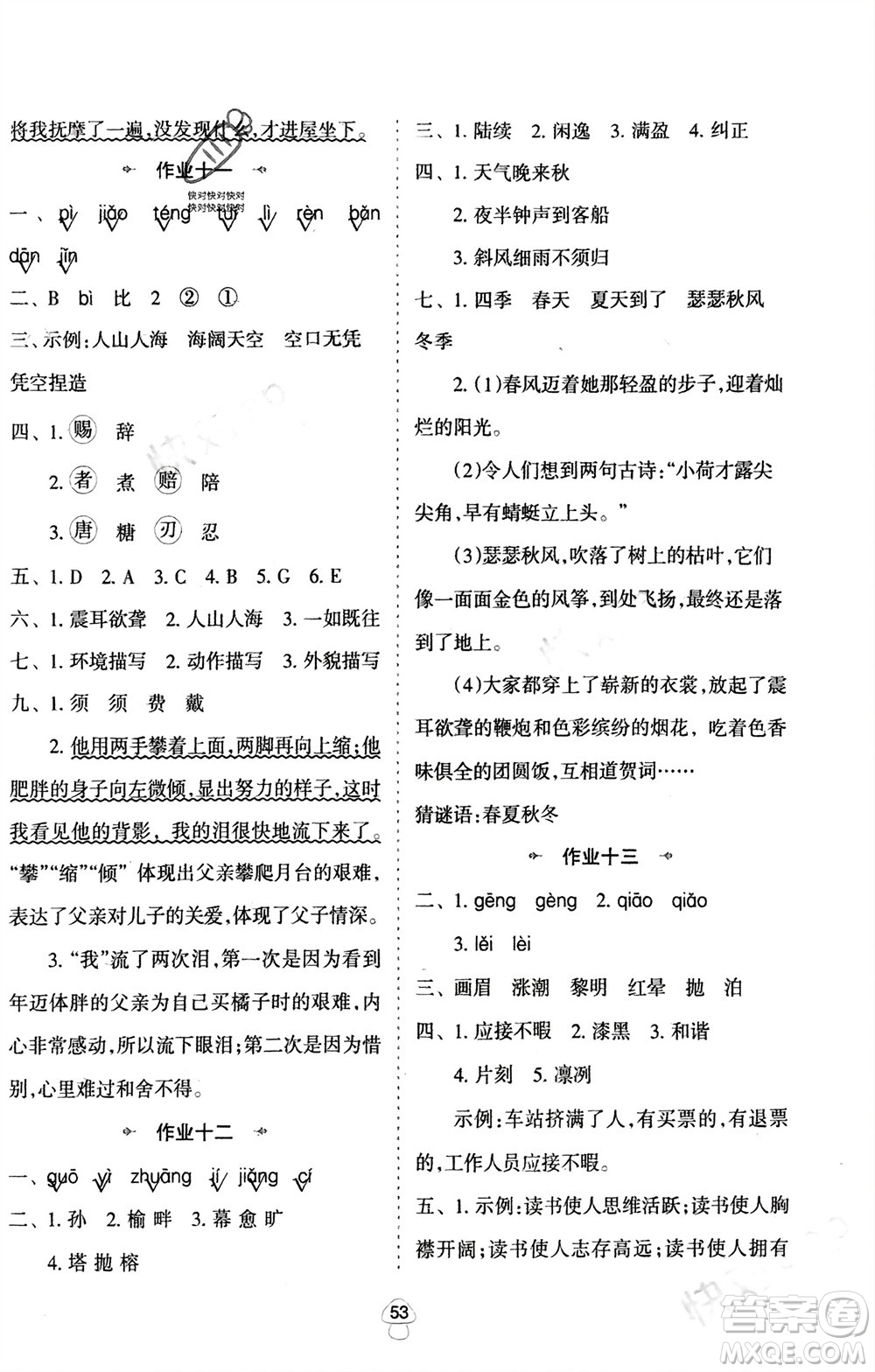 陜西人民教育出版社2024陜教出品寒假作業(yè)五年級(jí)語(yǔ)文通用版參考答案