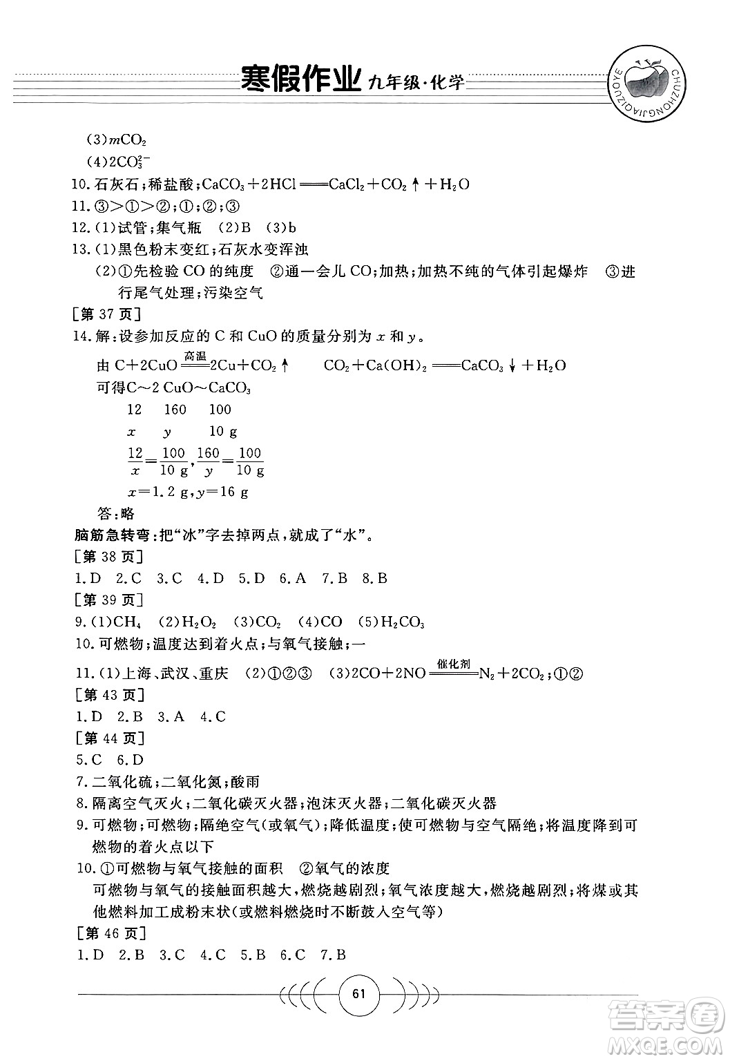 華中科技大學(xué)出版社2024寒假作業(yè)九年級化學(xué)課標(biāo)版答案