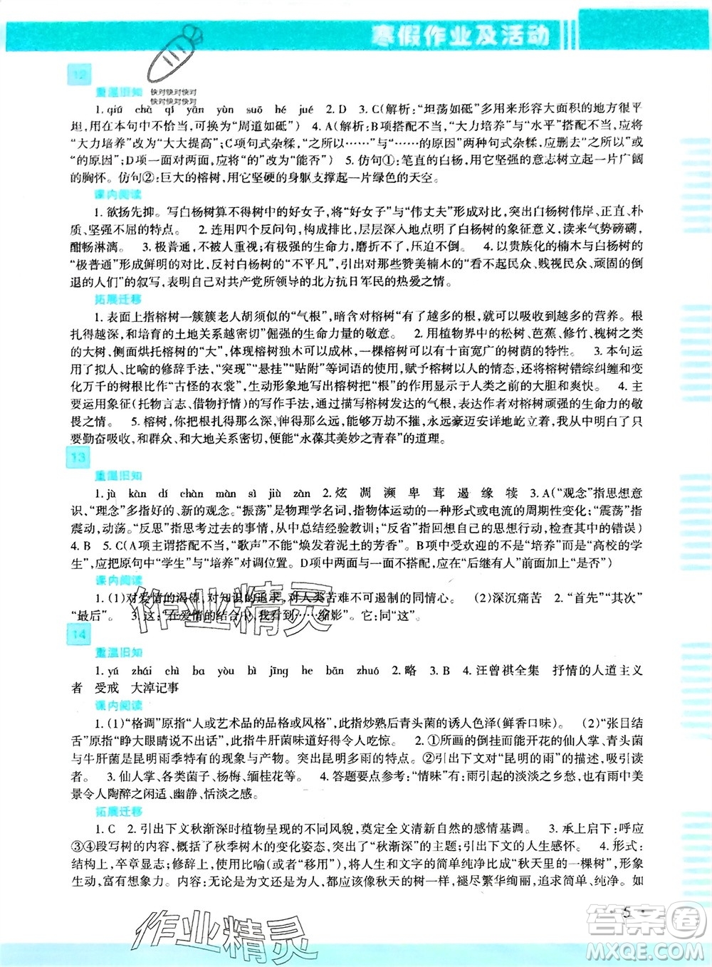 新疆文化出版社2024寒假作業(yè)及活動八年級語文通用版參考答案