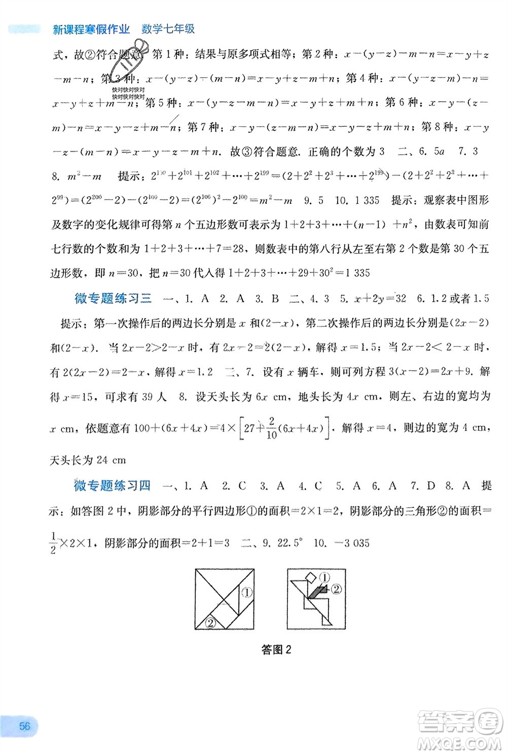 廣西教育出版社2024新課程寒假作業(yè)七年級數(shù)學通用版參考答案