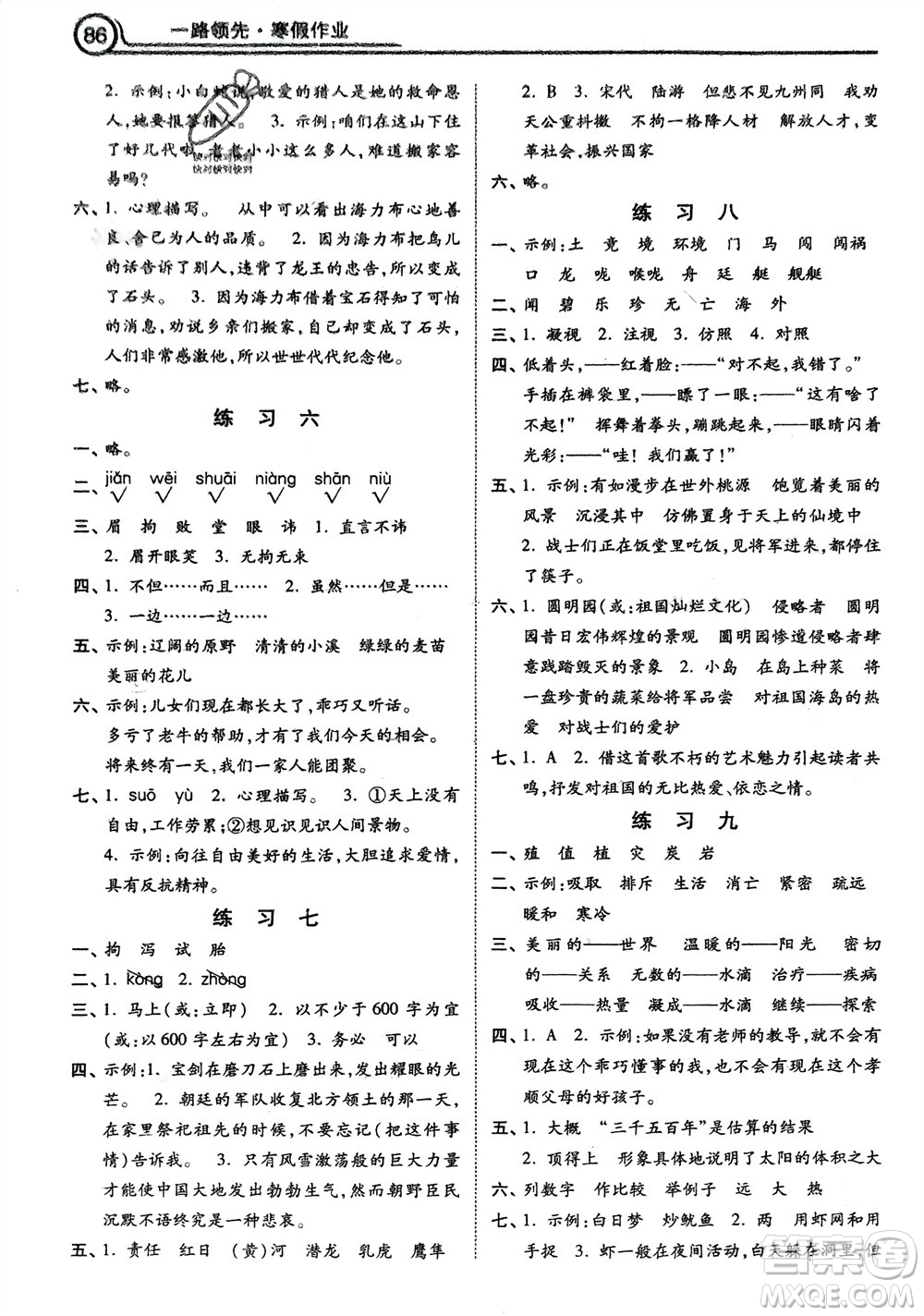 河北美術(shù)出版社2024一路領(lǐng)先寒假作業(yè)五年級語文通用版參考答案