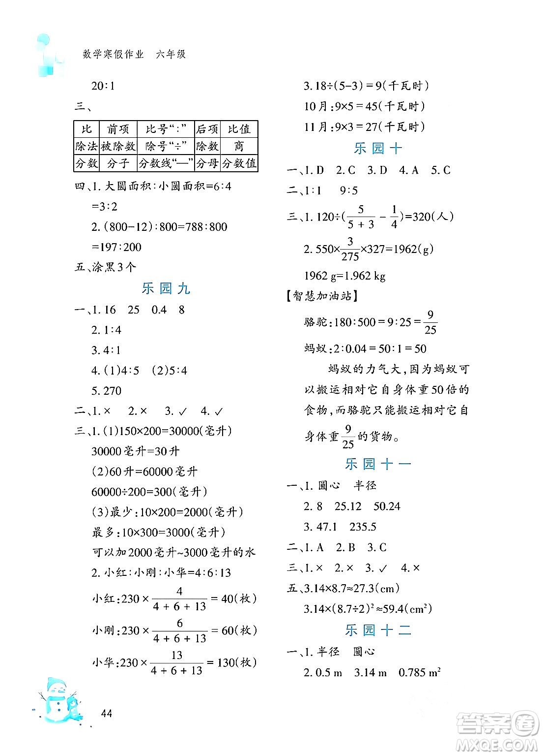 文心出版社2024寒假作業(yè)六年級(jí)數(shù)學(xué)通用版答案